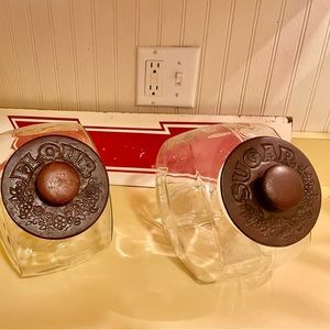 Glass canister with wood lid sugar & Flower engraved vintage farmhouse